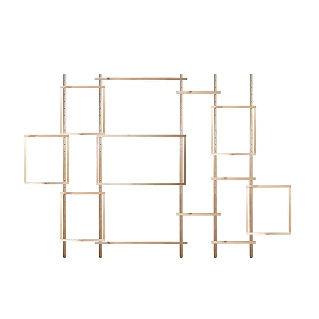 Line drawing of a wide RMC composition: frames, boxes and shelves stepping across each other